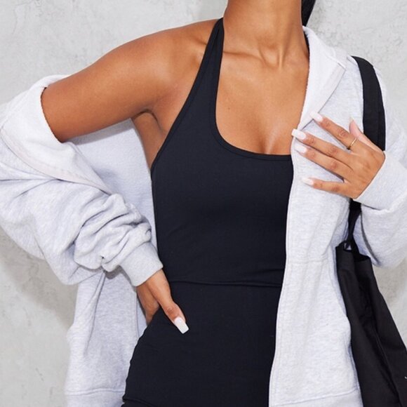 NWT Pretty Little Thing Black Sculpt Halterneck Mini Unitard Activewear - Picture 2 of 5